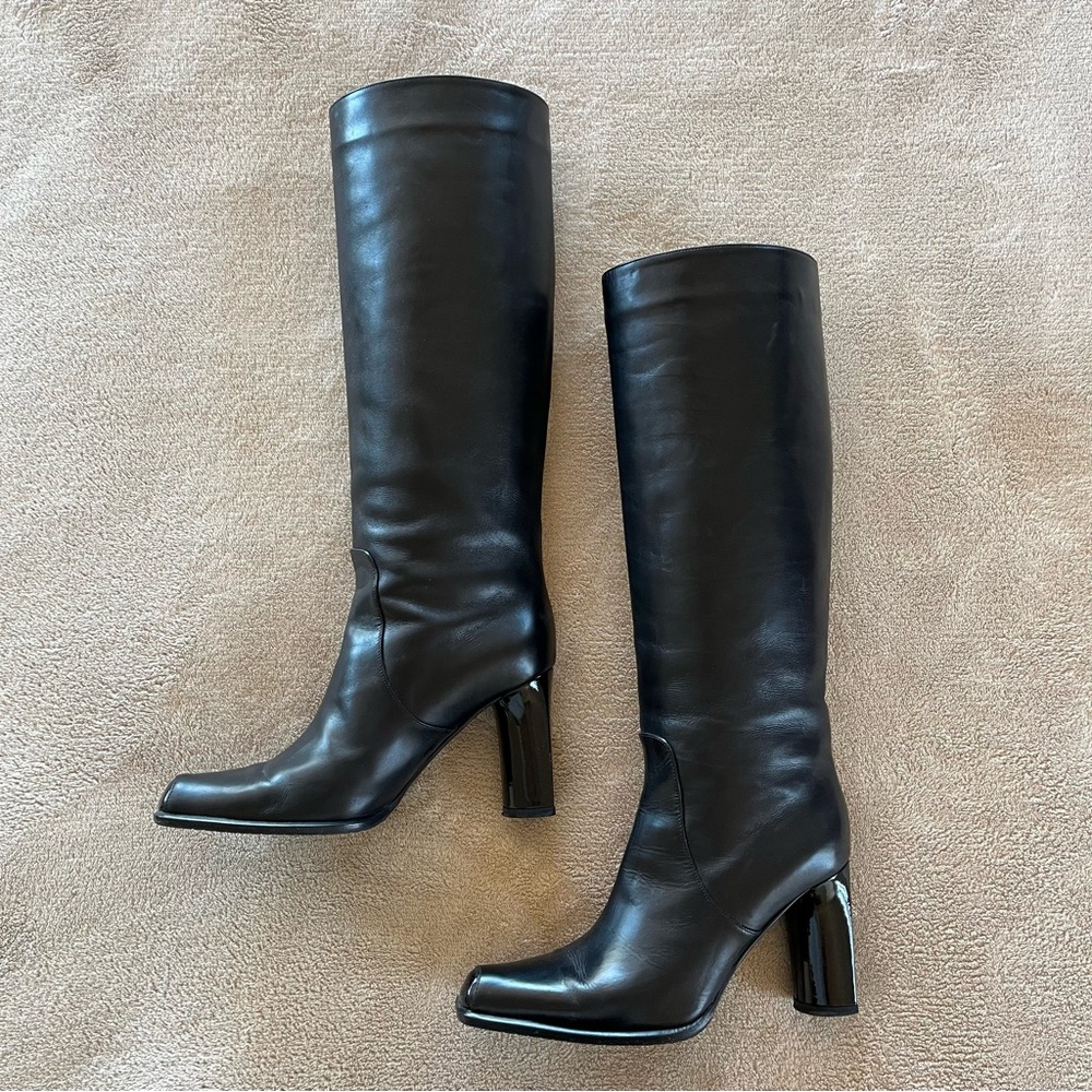 Black Knee-High Leather Boots - Women's Classic Block Heel